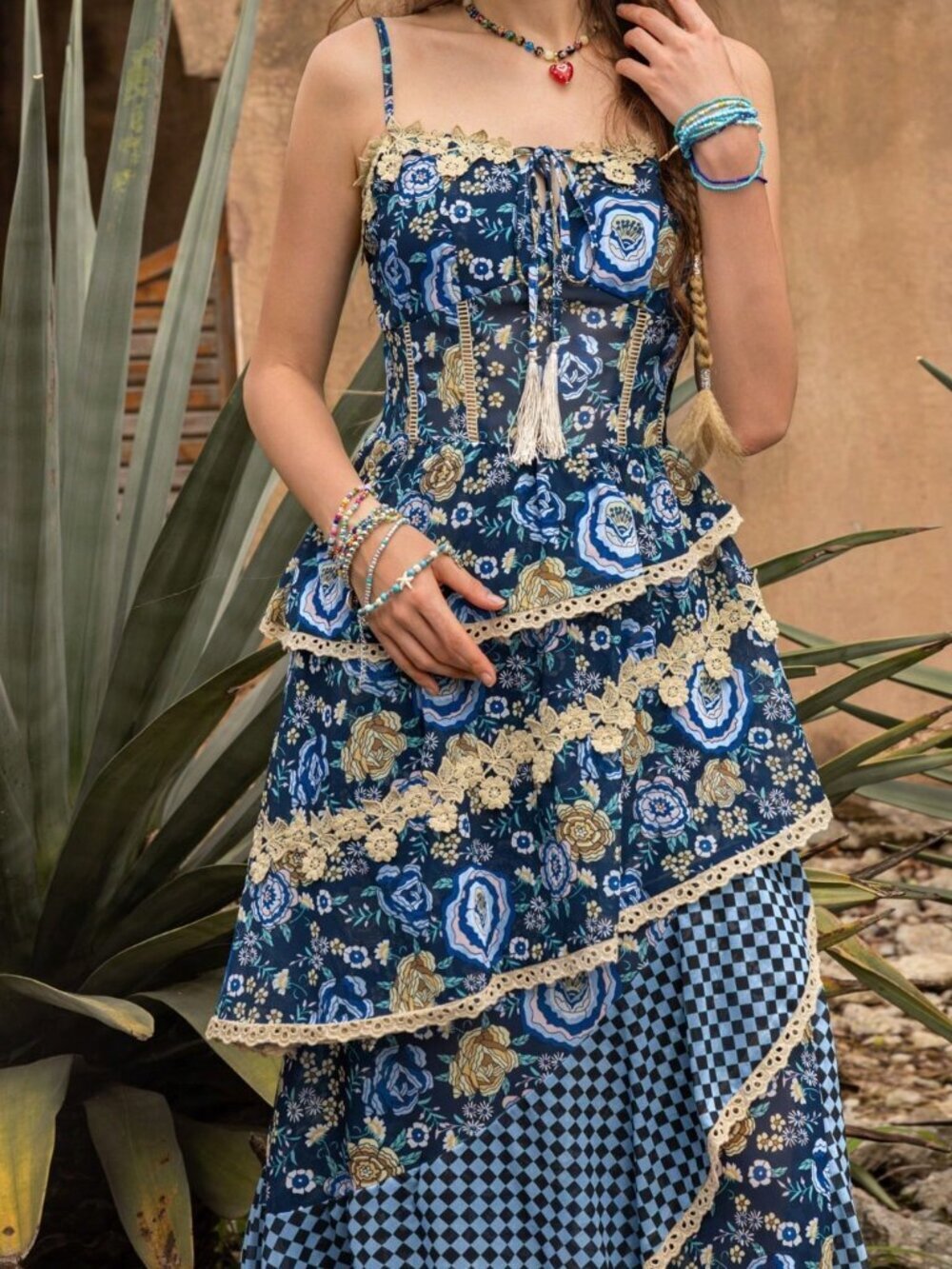 Blue Bohemian Casual Women's Elegant Chiffon Dress with Lace Tassel Tiered Hem - Picture 9 of 11